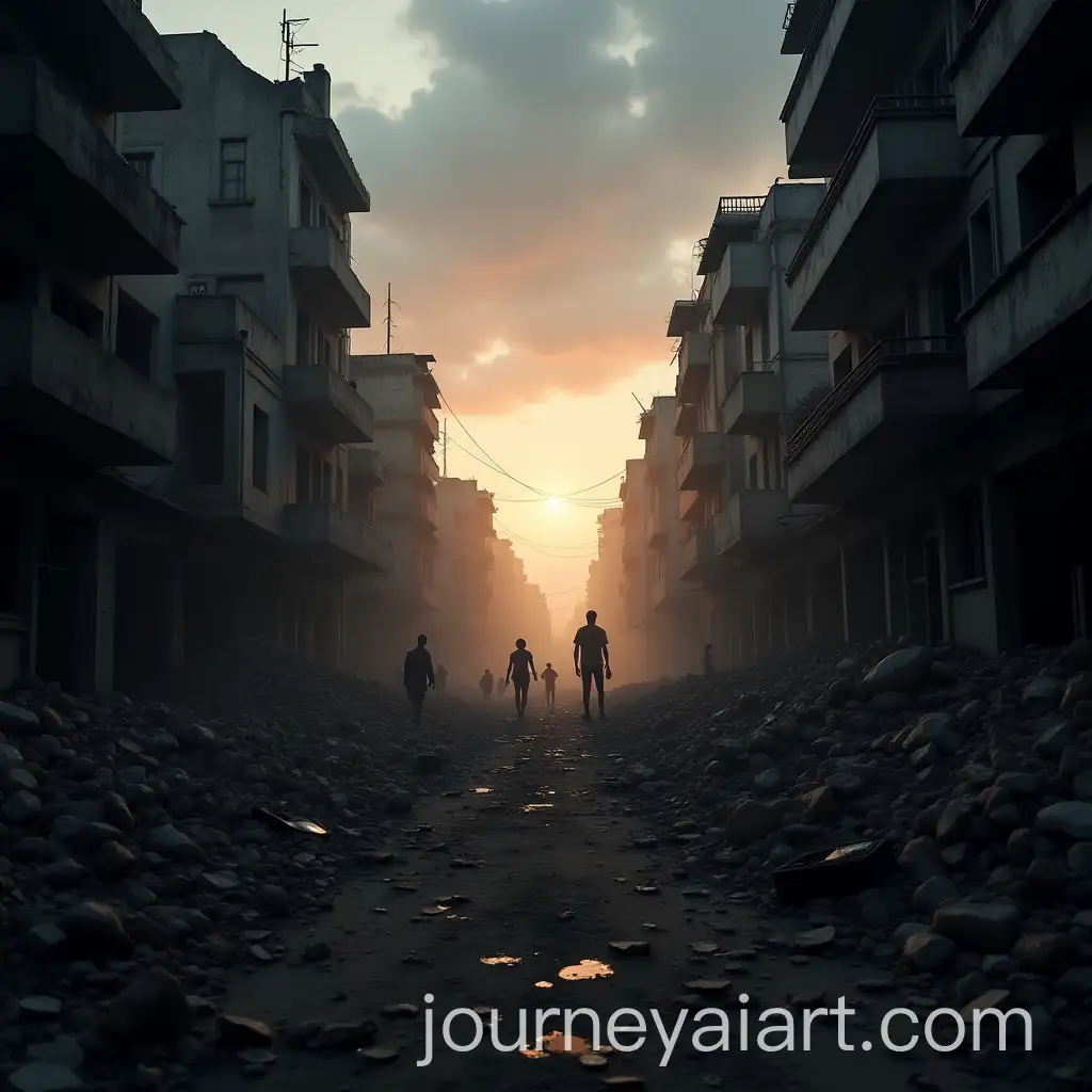 Dusk-Over-a-Dark-Ruined-Cityscape-with-Reckless-Partying-Shadows