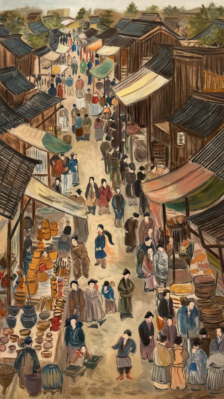 a picture, starting from a bustling market overview in the Warring States period of China. The overall scene should include: numerous simple wooden stall structures and buildings. A lively crowd of people dressed in plain clothes typical of the time. Various goods such as pottery, fabrics, farming tools, food, etc., are displayed on the stalls. A vibrant scene full of life, like hawkers selling their wares, people chatting, children playing.