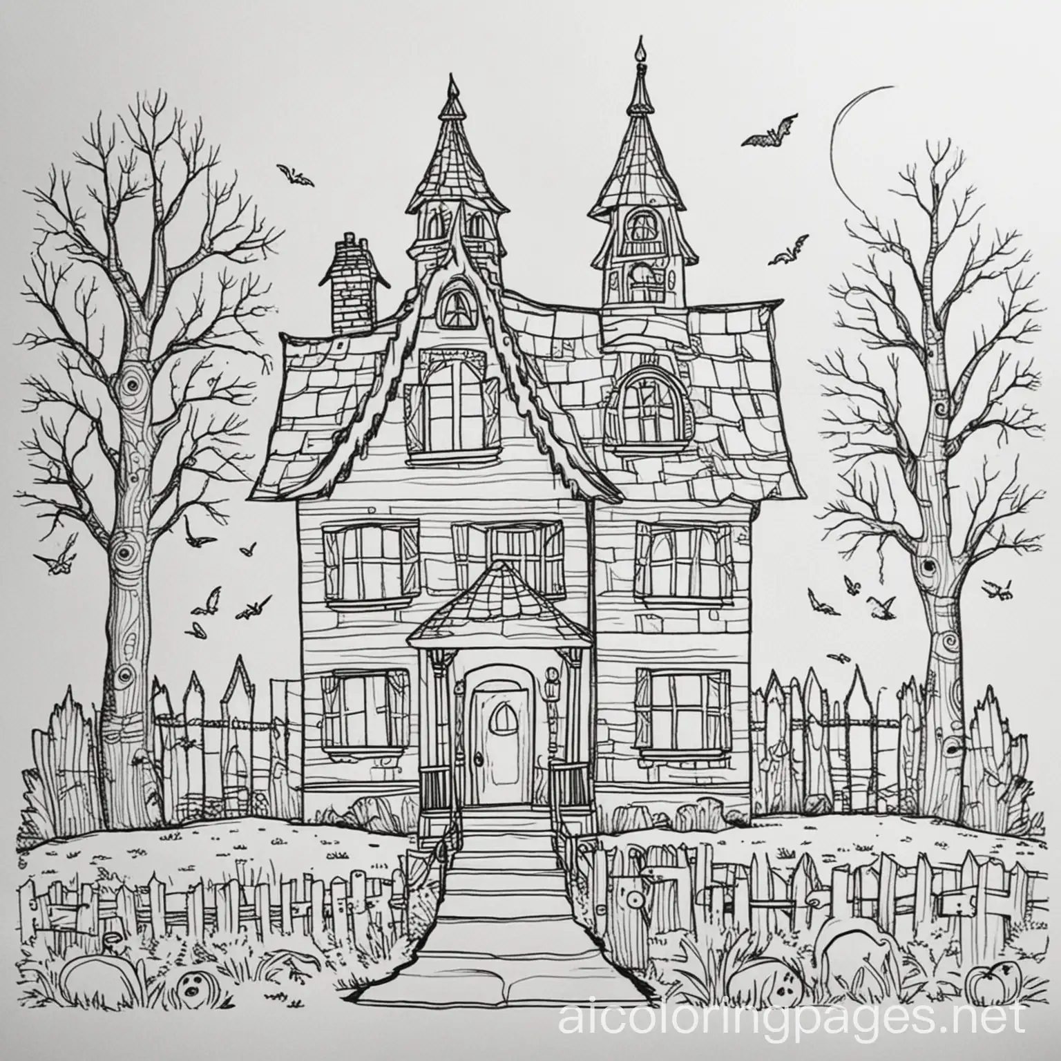 haunted house, Coloring Page, black and white, line art, white background, Simplicity, Ample White Space. The background of the coloring page is plain white to make it easy for young children to color within the lines. The outlines of all the subjects are easy to distinguish, making it simple for kids to color without too much difficulty, Coloring Page, black and white, line art, white background, Simplicity, Ample White Space. The background of the coloring page is plain white to make it easy for young children to color within the lines. The outlines of all the subjects are easy to distinguish, making it simple for kids to color without too much difficulty