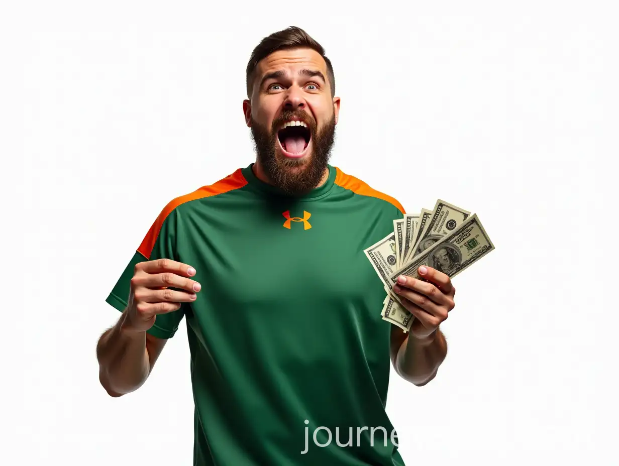 Young-Man-Shouting-Happily-While-Holding-Dollar-Bills-in-Vibrant-Green-Sports-Clothing