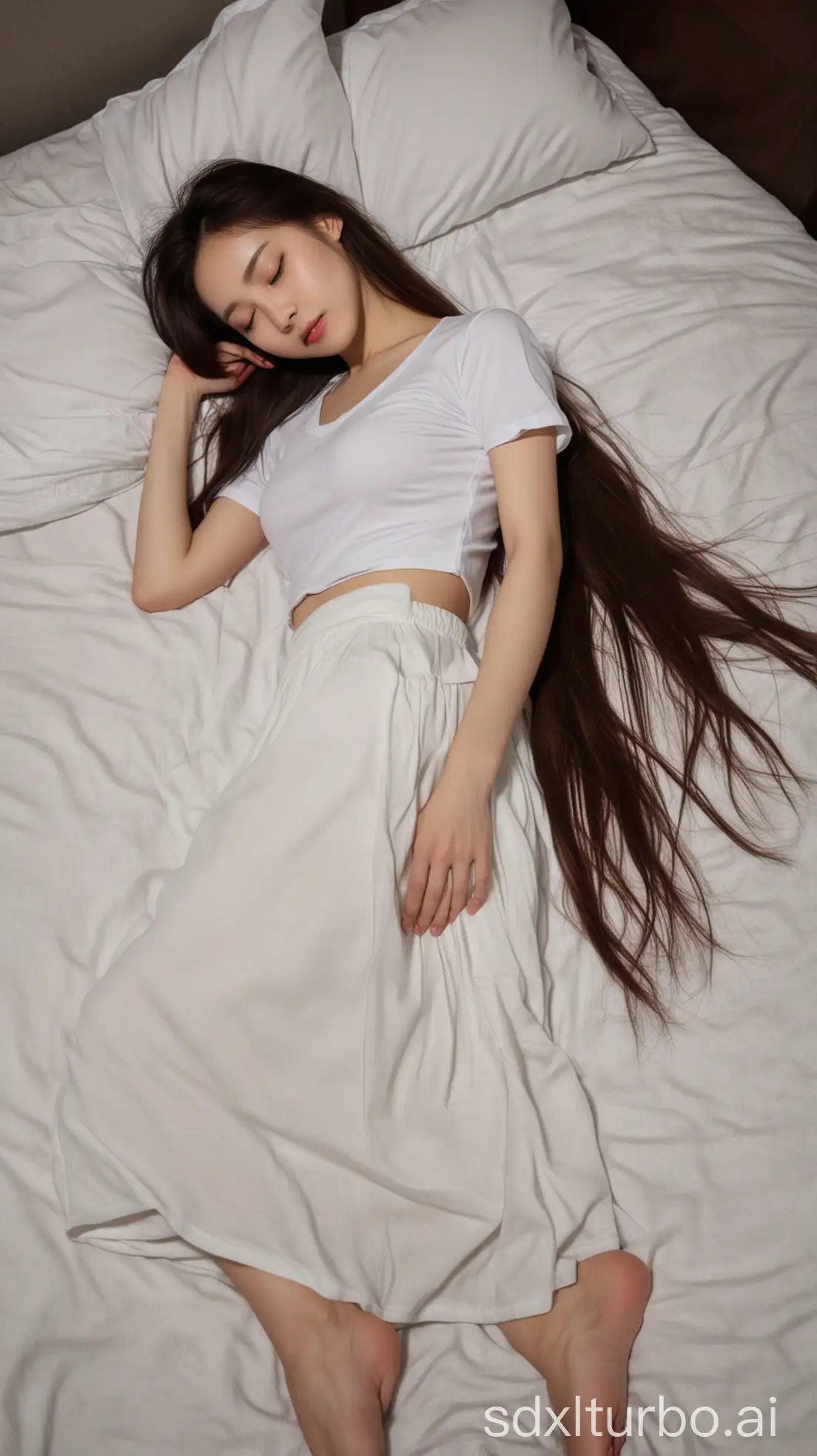 Chinese-Beauty-Sleeping-in-Winter-Night-Supine-Shot-with-Long-Brown-Hair