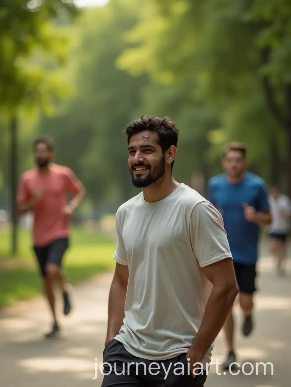 Tired-Indian-Man-Resting-in-Sunny-Park-Amid-Joggers