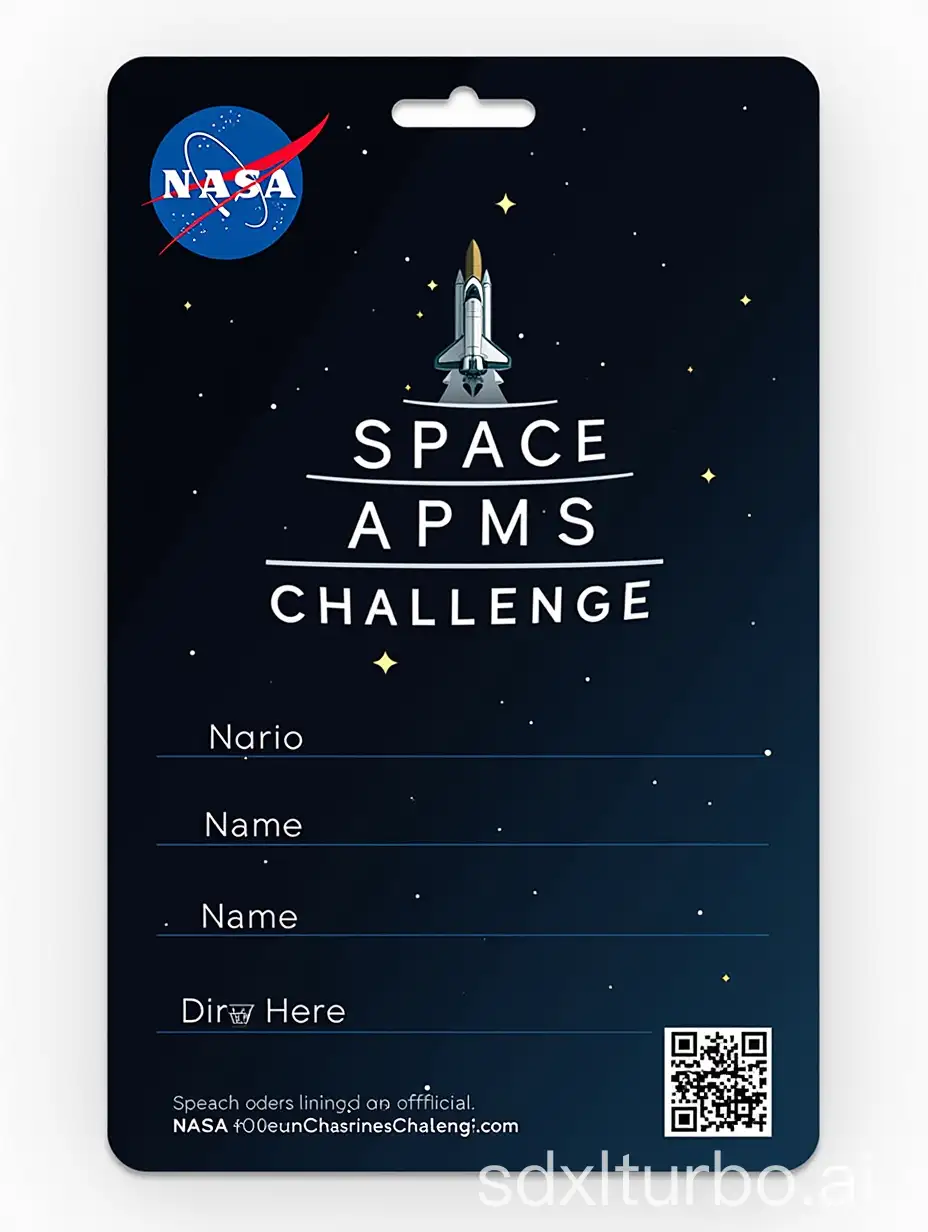 Design a professional ID card with a dark, elegant background. In the top left corner, place the NASA logo. Center the full 'Space Apps Challenge' logo prominently below the NASA logo. From the midpoint of the card, create sections for participant details: include fields for the participant's name and team name. At the bottom right, leave space for a QR code linking to the official NASA Space Apps Challenge website. Ensure the overall design is clean, modern, and professional, with no text added—only placeholders.