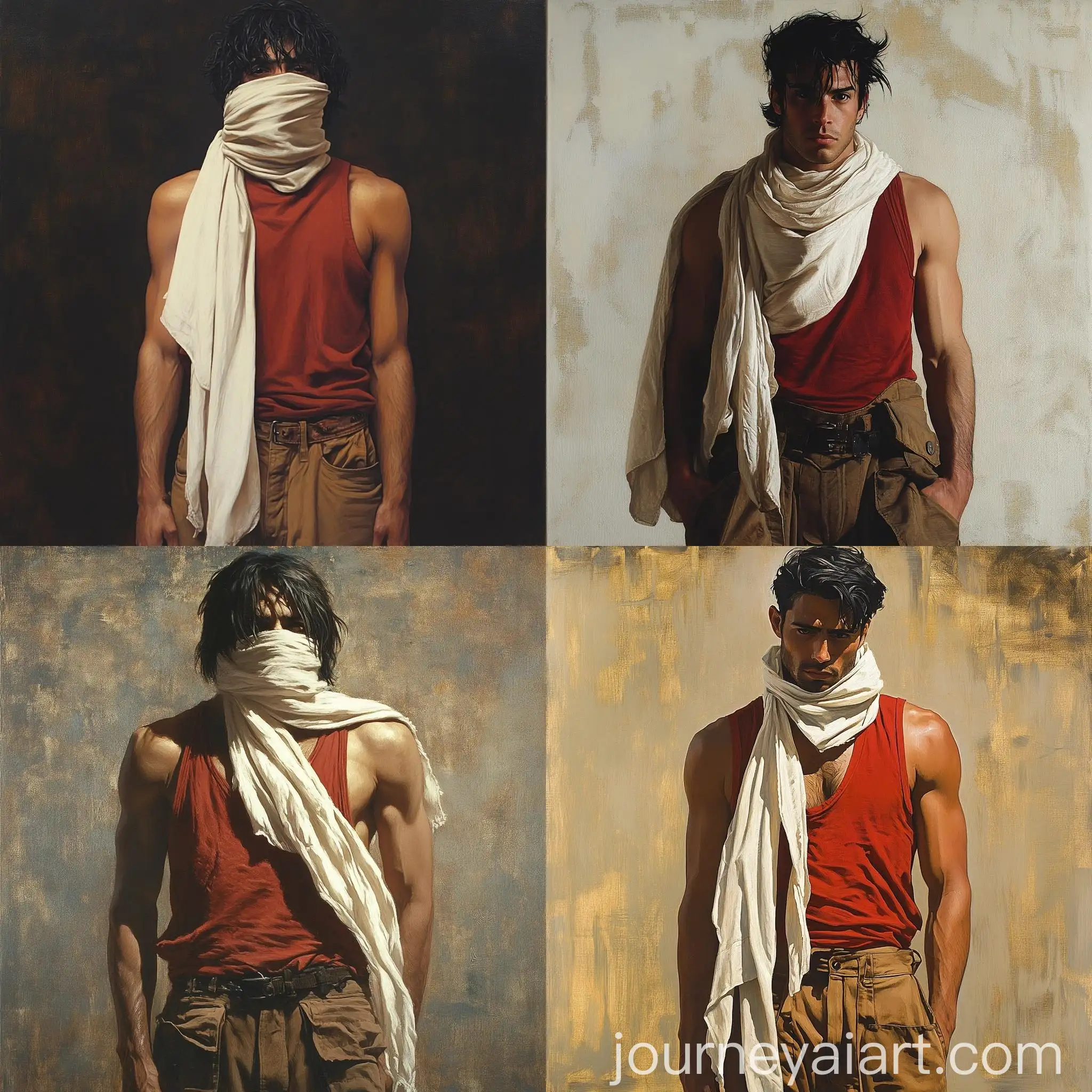 Stylish-Man-in-Red-Sleeveless-Shirt-and-Long-White-Scarf