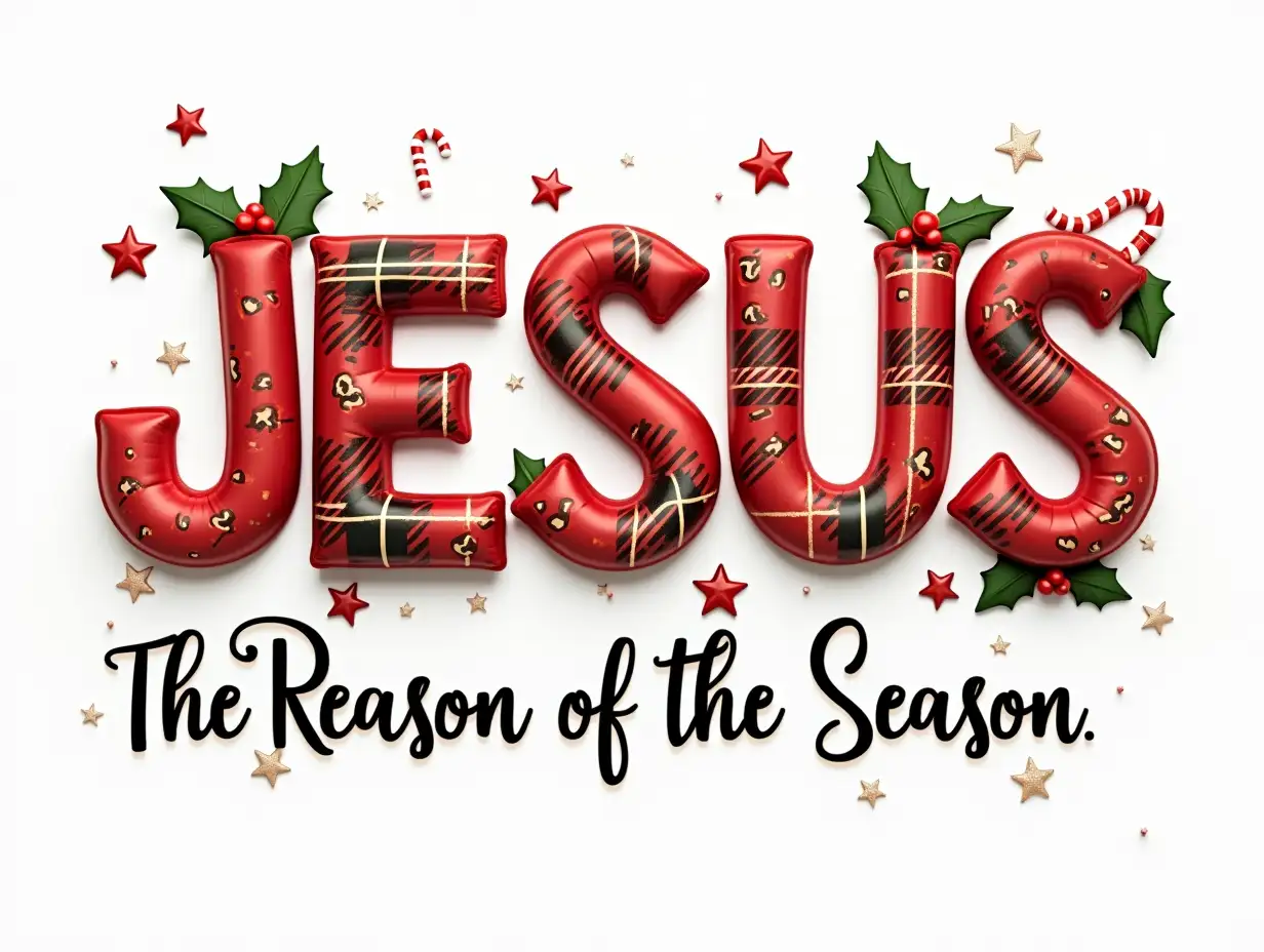 Vector, 3D Inflated art. A vibrant Christmas scene featuring the word 'JESUS' in bold, red lettering. The lettering is decorated with plaid patterns, leopard print, and candy canes. Stars and holly berries surround the word. The phrase 'The Reason for the Season' is written below in bold, festive lettering. The image should have a playful, festive aesthetic with contrasting colors and detailed textures. Elements such as the texture of the plaid, the spots on the leopard print, and the shiny finish of the candy canes should be clearly visible. The background should be a white canvas with subtle texture.