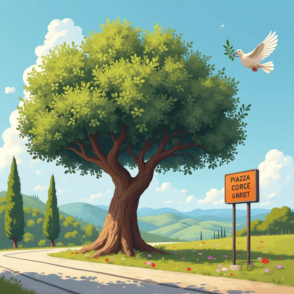 a large olive tree, a dove with an olive branch, bright, calm and happy atmosphere, road sign with writing Piazza Moro