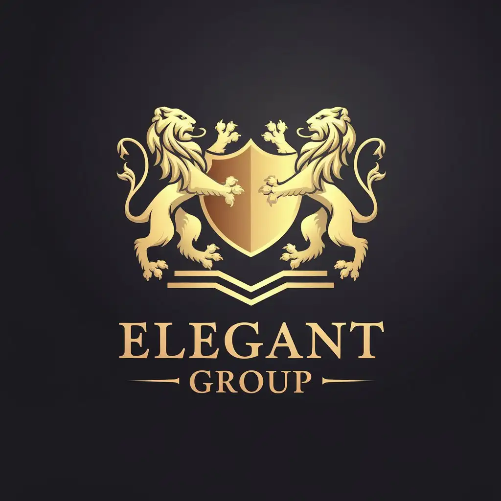 LOGO Design for Elegant Group Gold Two Lions on Gradient Black Background in Minimalistic Style for Finance Industry