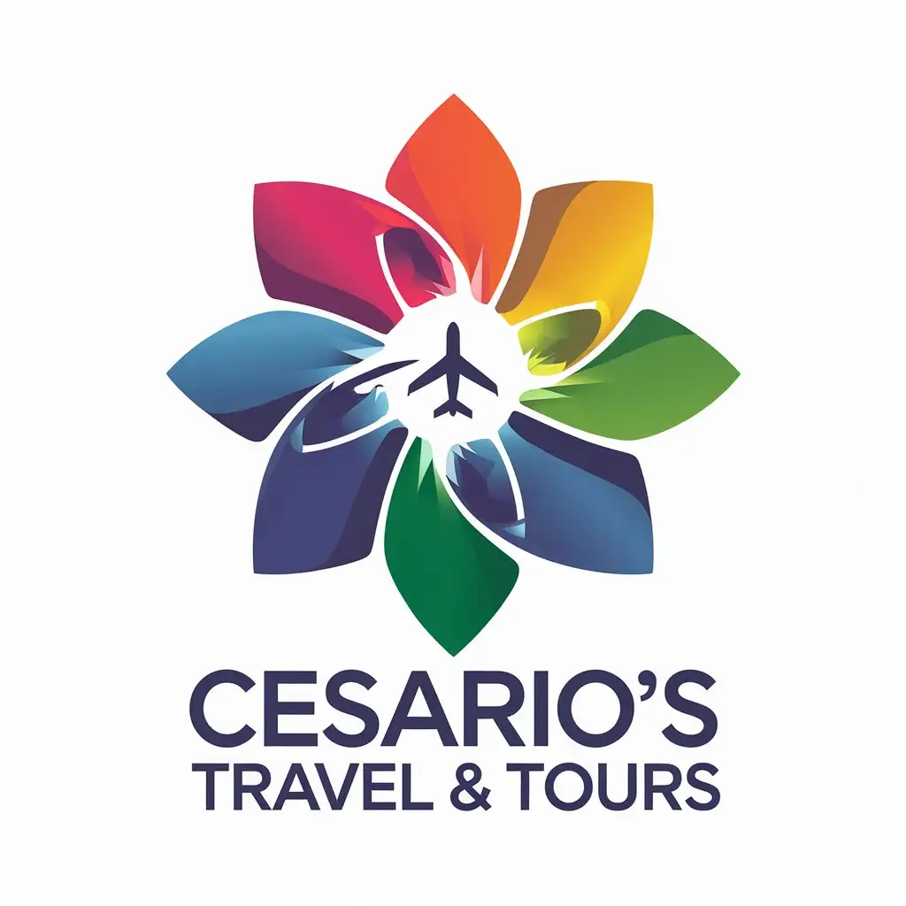 LOGO Design For Cesarios Travel Tours Colorful Flowers and Plane Travel Theme