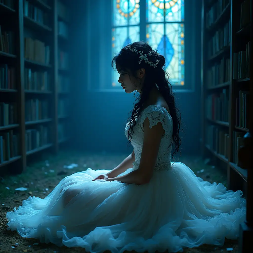 A surrealist dreamlike photograph captures a fantastical encounter: A youthful enchantress, her raven locks entwined with ethereal, iridescent vines, sits cross-legged in the midst of an abandoned library. She wears a Victorian-inspired gown, her figure silhouetted against the pale moonlight filtering through stained glass windows, casting a mystical blue aura. The gown is a fusion of white, draped with delicate lace and billowing petticoats, as if it's woven from moonbeams and starlight.