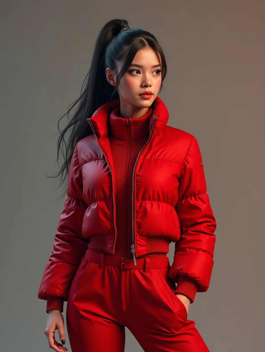 Generate an image of a Model.She is wearing a Red Futuristic Jacket Outfit,full body ponytail ultra detailed, photo realistic style and posing like Photoshoot.