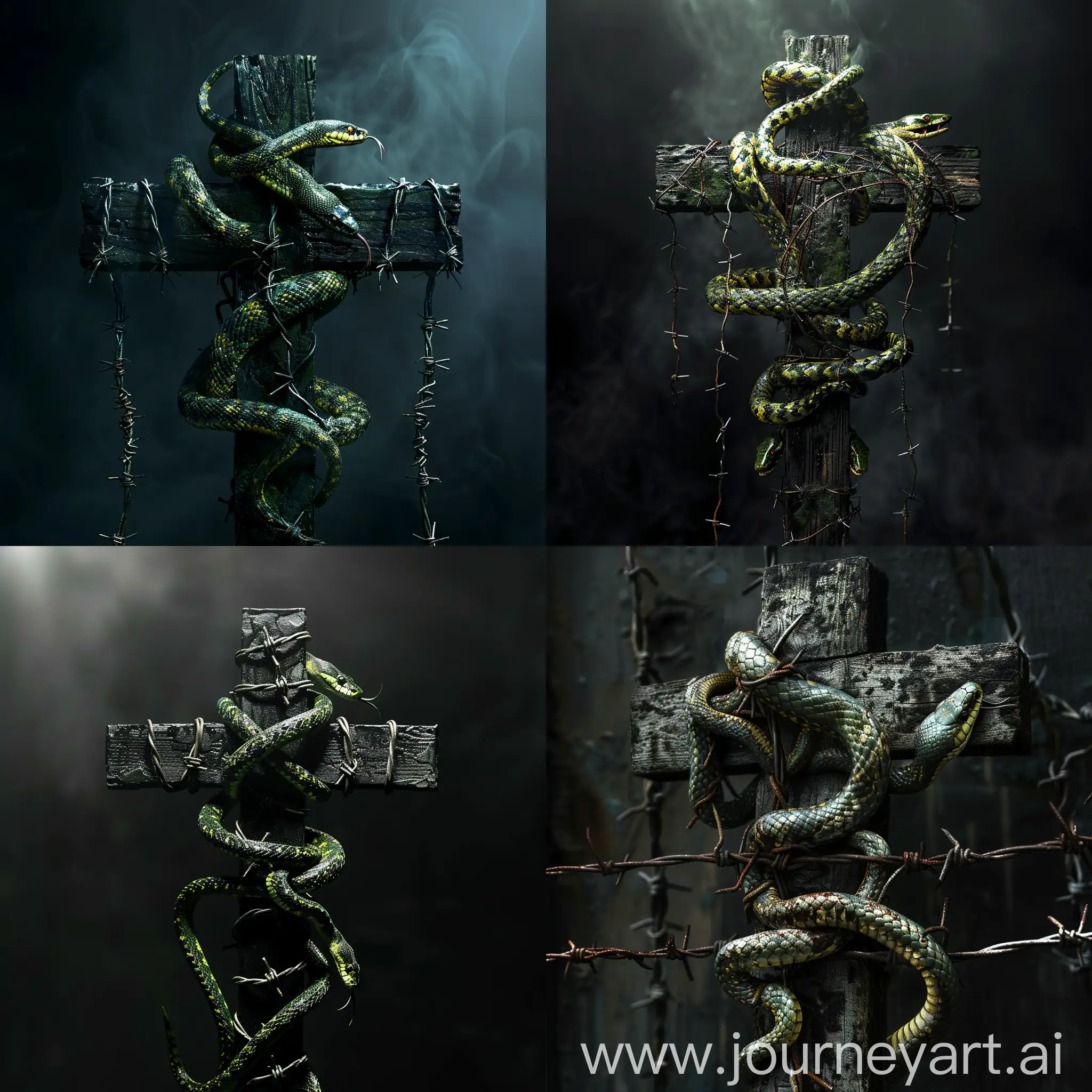 Dark-Christian-Cross-with-Biting-Snakes-in-Barbed-Wire