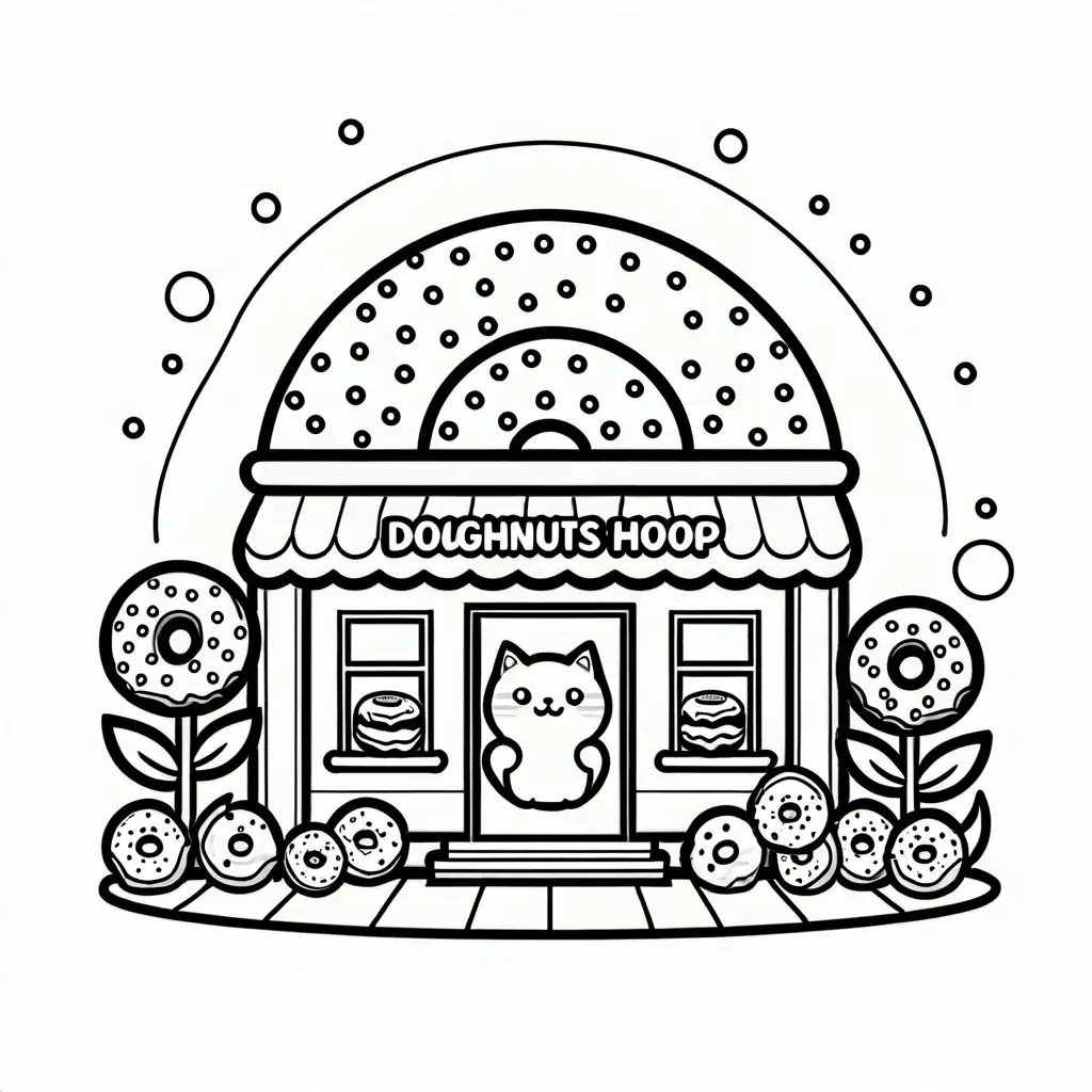 black and white coloring page with a kawaii doughnut shop and a cat, Coloring Page, black and white, line art, white background, Simplicity, Ample White Space. The background of the coloring page is plain white to make it easy for young children to color within the lines. The outlines of all the subjects are easy to distinguish, making it simple for kids to color without too much difficulty