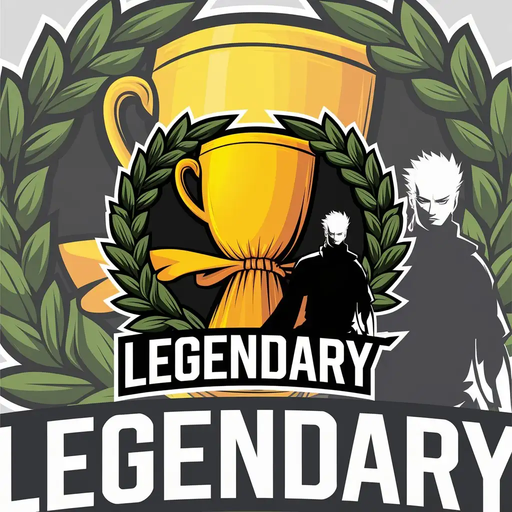 a vector logo design,with the text "Legendary", main symbol:Bright colors. Gojo Satoru, Cup, around which is a wreath of the winner.,Moderate,clear background