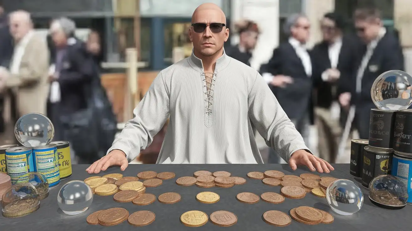 Photograph of a smart bald guy wearing a long white tunic and sun glasses, sitting behind a table with coins, cristal spheres and cans, realistic highly detailed, people in the background