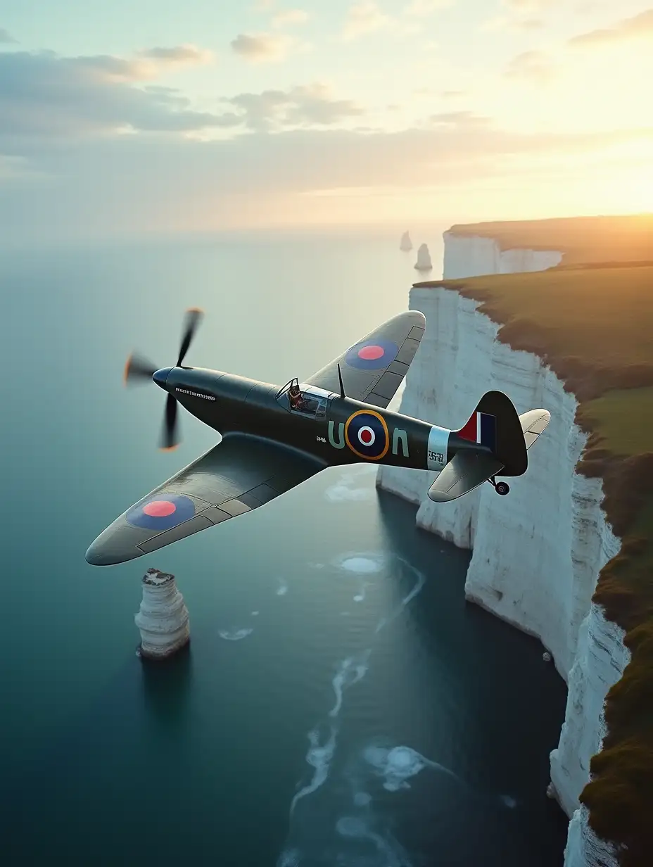 a spitfire flying over the white cliffs of Dover in England, highly detailed, early morning light