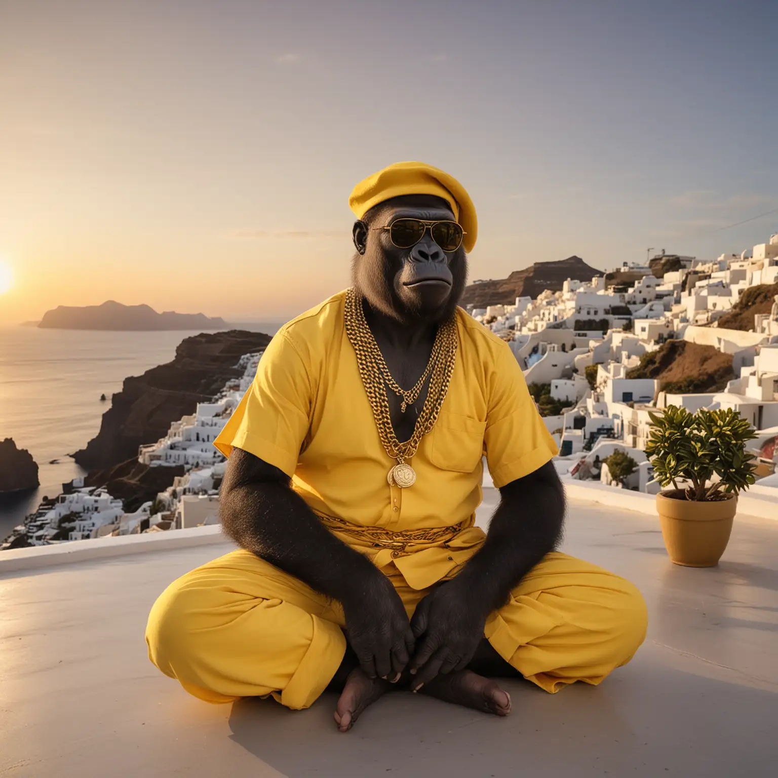 Gorilla in Yellow Hawaiian Military Attire on Greek Santorini Terrace at Sunset