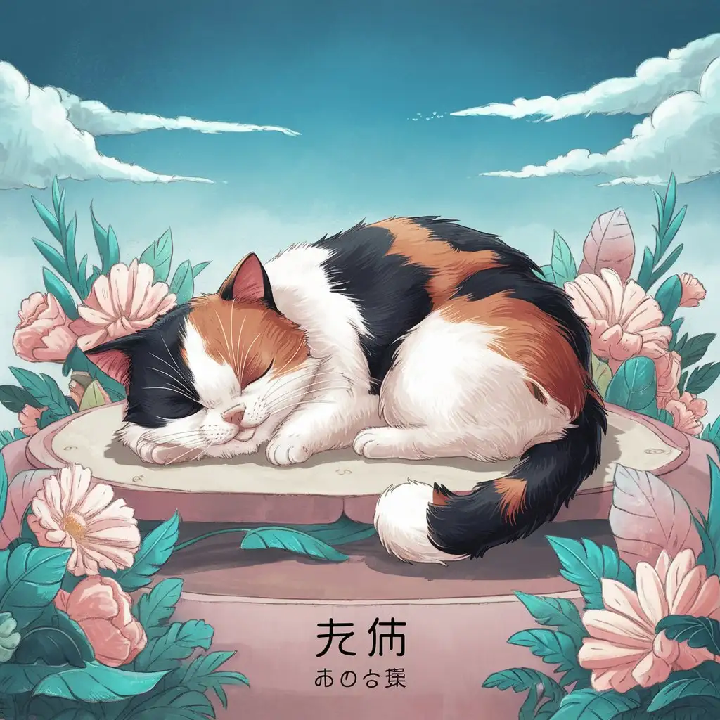 Start loving day style cat sleeping on the platform, with many beautiful flowers, the sky is blue.