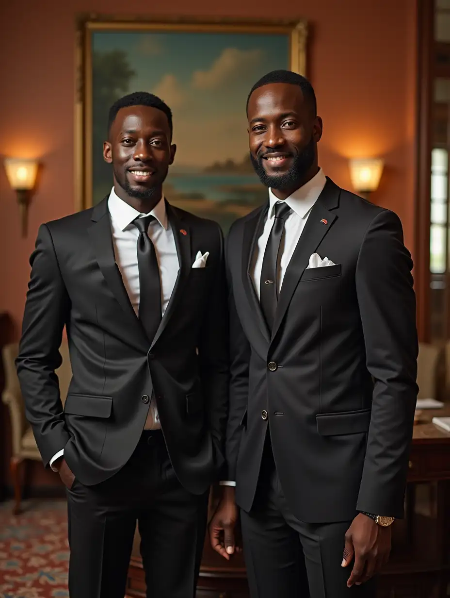 Image is a formal portrait featuring two african men's standing in a well-decorated room...