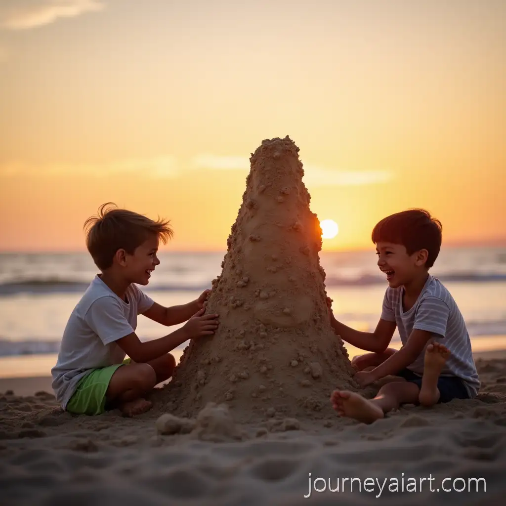 Children-Building-a-Sand-Tower-at-SunsetSand-tower-building-kids-on-the-Beach