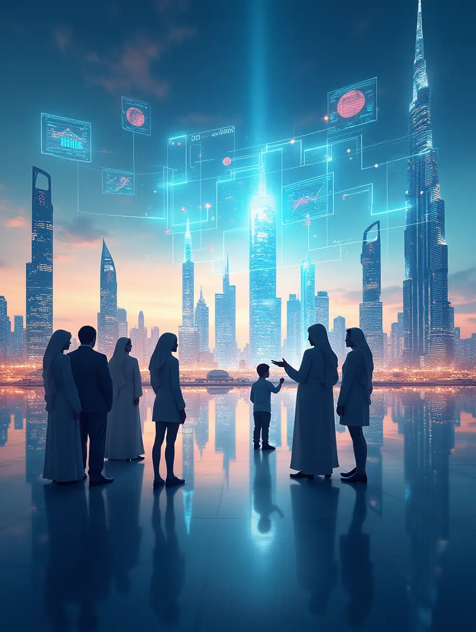 Create a highly detailed and visually compelling digital artwork depicting the rapidly evolving consulting industry in Saudi Arabia. The scene should showcase a futuristic city skyline of Riyadh, with iconic landmarks such as the Kingdom Tower and Al Faisaliah Tower. In the foreground, illustrate business professionals engaged in discussions, analyzing data on holographic screens, and collaborating in a high-tech office environment. Emphasize themes of innovation, technology, and strategic growth, incorporating elements like AI-powered analytics, digital transformation, and Saudi Vision 2030 initiatives. The atmosphere should be dynamic, modern, and forward-thinking, reflecting the rapid development of the industry. Use a vibrant color palette with shades of blue and gold to symbolize prosperity and progress.