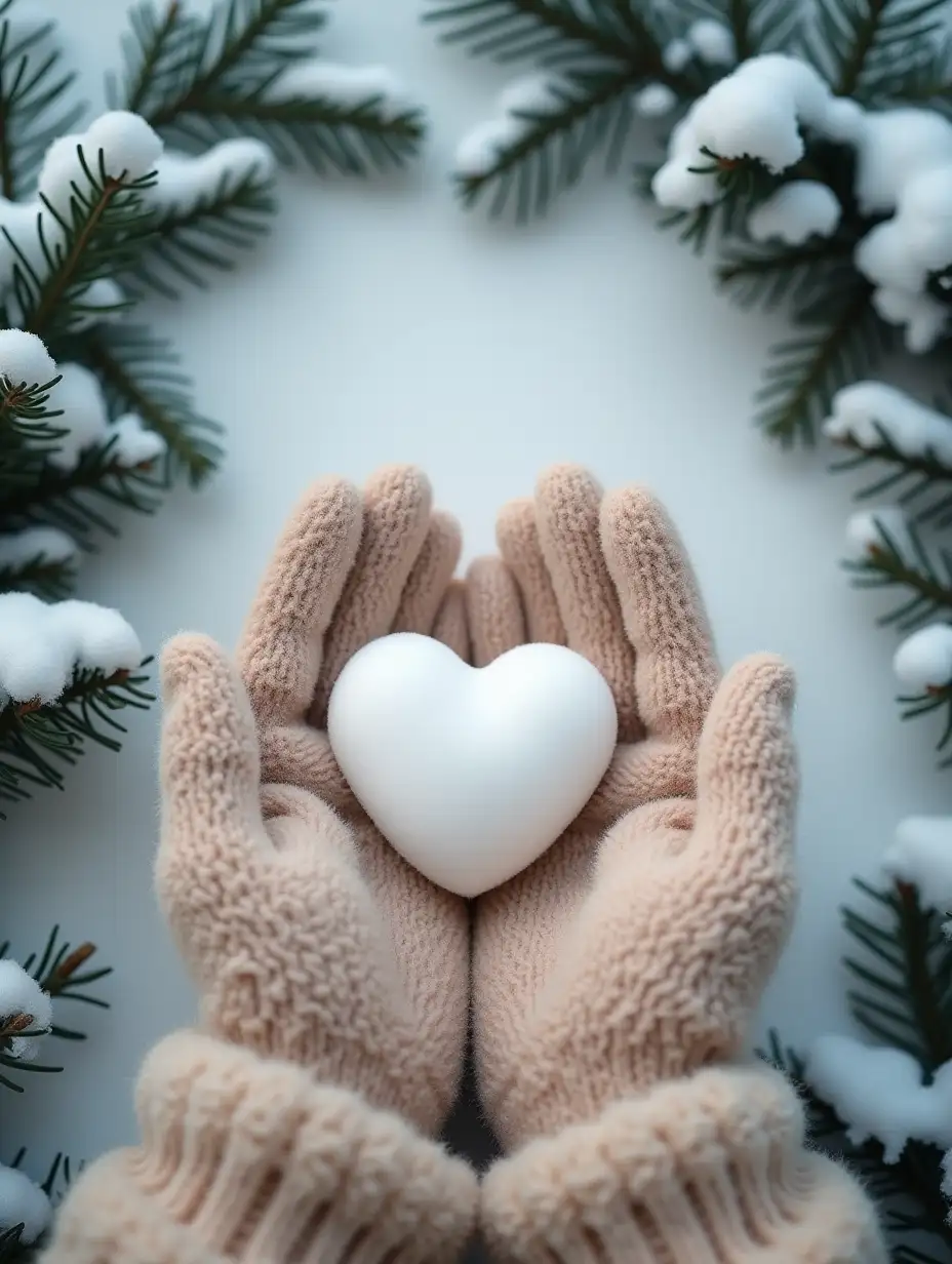 Image is a cozy winter-themed photograph featuring a close-up view of a pair of hands wearing beige, fluffy mittens. The hands are holding a small, heart-shaped snowball, perfectly formed and white against the textured mittens. Surrounding the hands are snow-covered evergreen branches, adding a natural frame to the composition. The background is a soft, blurred expanse of snow, enhancing the wintry atmosphere. The overall color palette is muted, with shades of white, beige, and green, creating a serene and peaceful scene. The focus is sharp on the heart-shaped snowball, drawing attention to its delicate shape and the warmth of the mittens, contrasting with the cold environment.