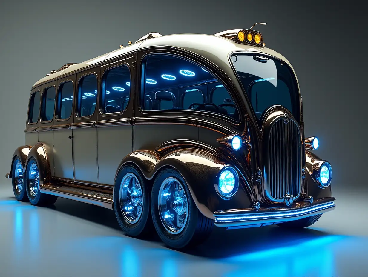 A super modern bus with 10 wheels and blue led headlights gold white black Steampunk