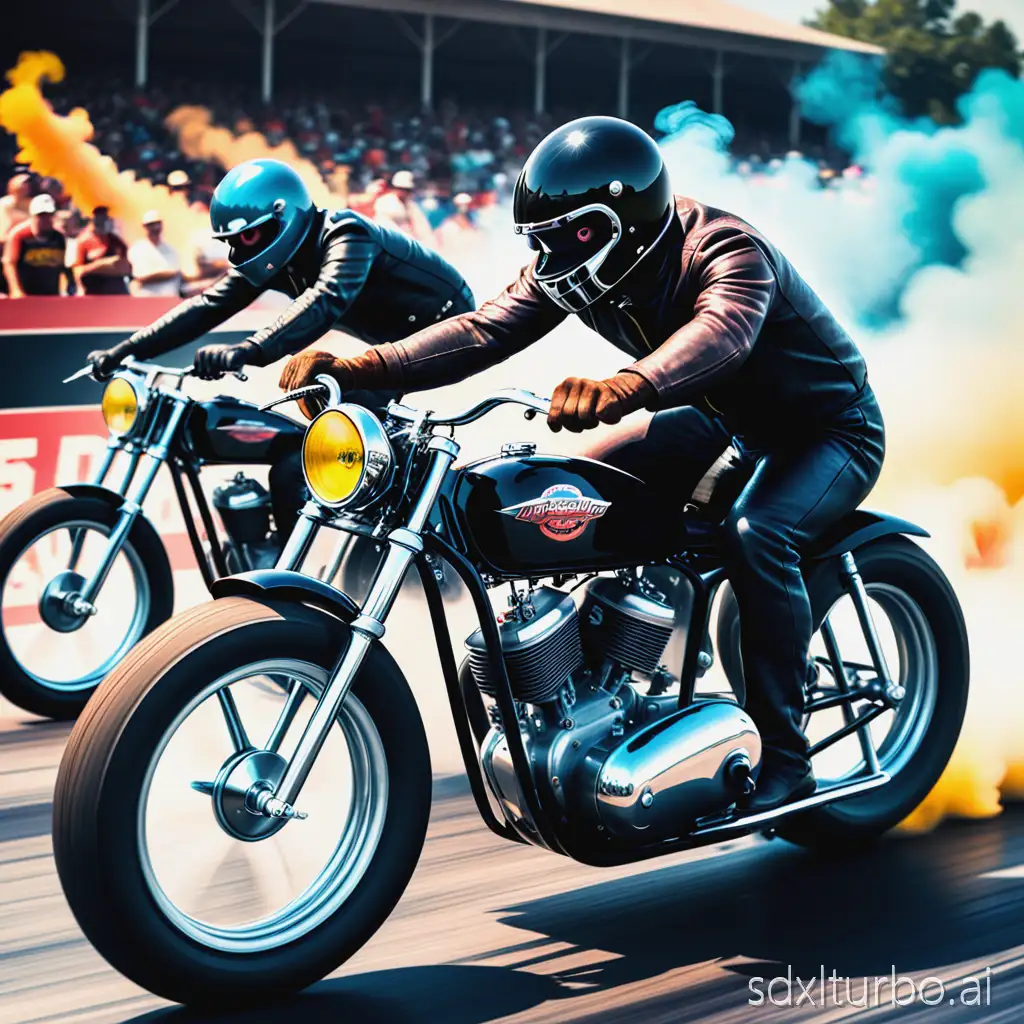 Create a poster for an international motorcycle drag race. Use dark and trendy colors, a picture of two 1960s drag bikes racing, speed, and an audience