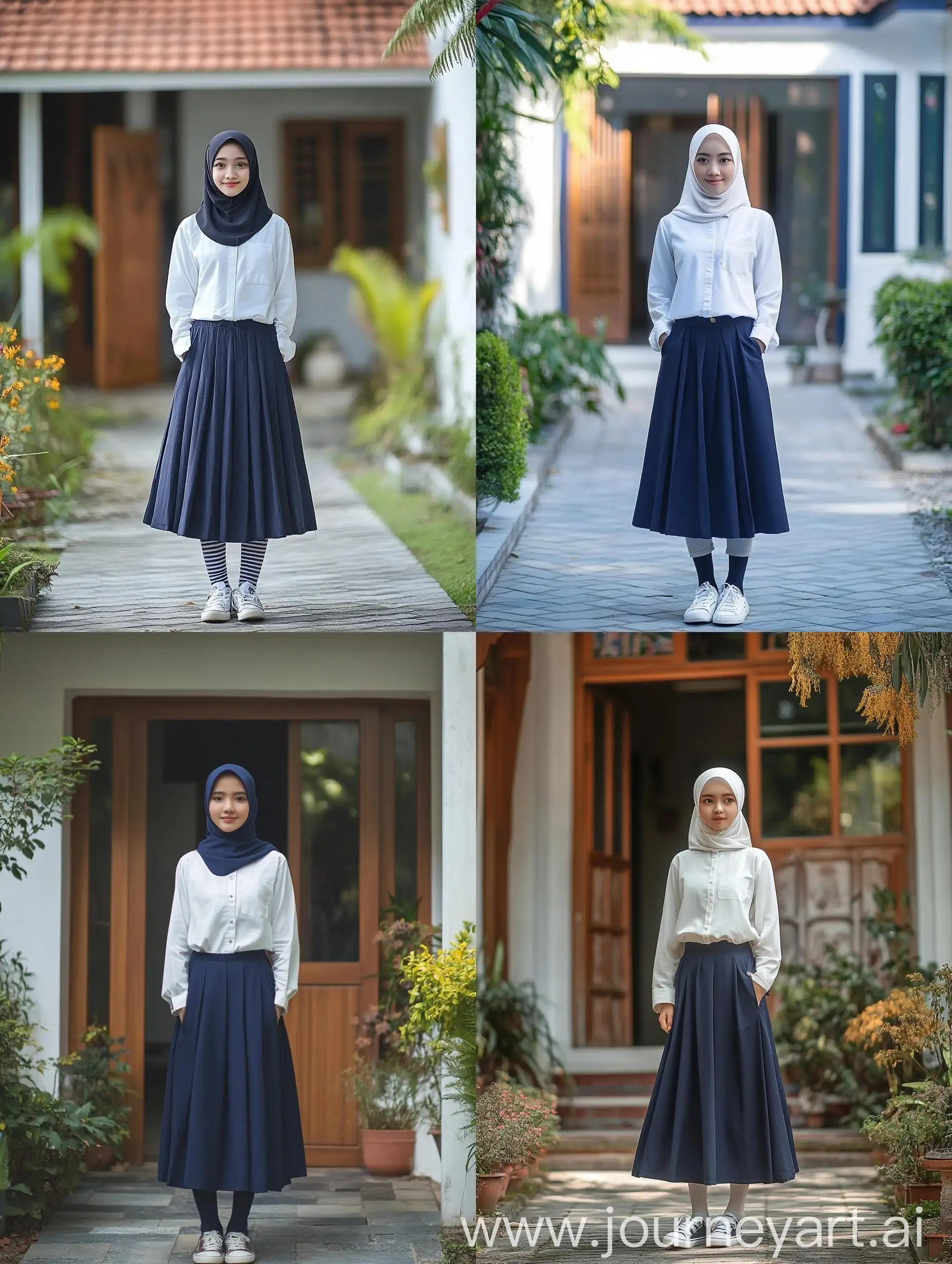 Indonesian-Hijab-Woman-in-Junior-High-School-Clothes-Smiling-in-Garden-Setting