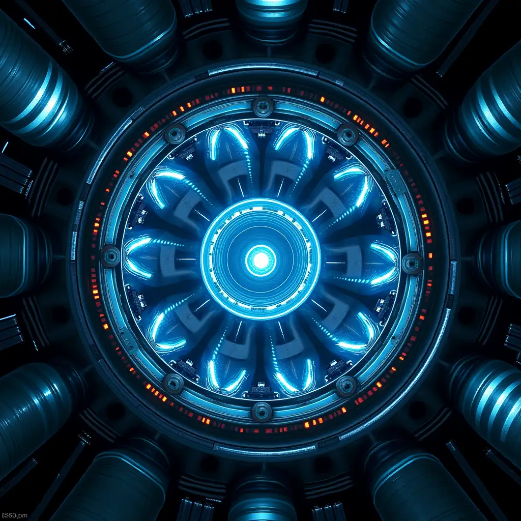 fusion generator, sci-fi, top view, 256 colors, inside a spaceship, blue lights, metal spirals, closed casing