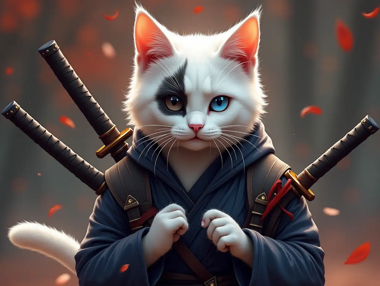 I want a cat but he is a warrior with katanas. I want a white cat with one black eye and black paws. I want he to be mean