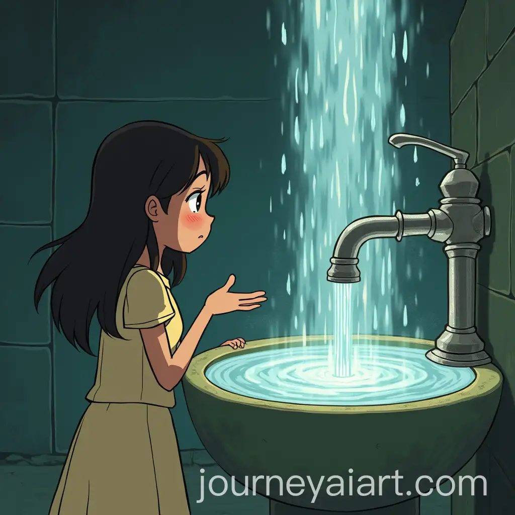 Girl-in-Studio-Ghibli-MovieAI-Image-Expansion-Touching-Magical-Water-Fountain-Sink