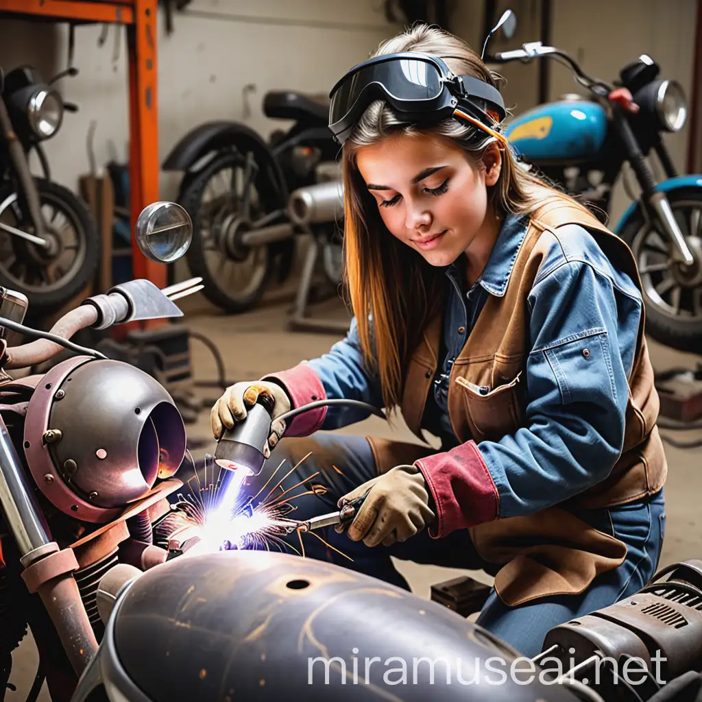 Skilled Young Woman Welding Motorcycle