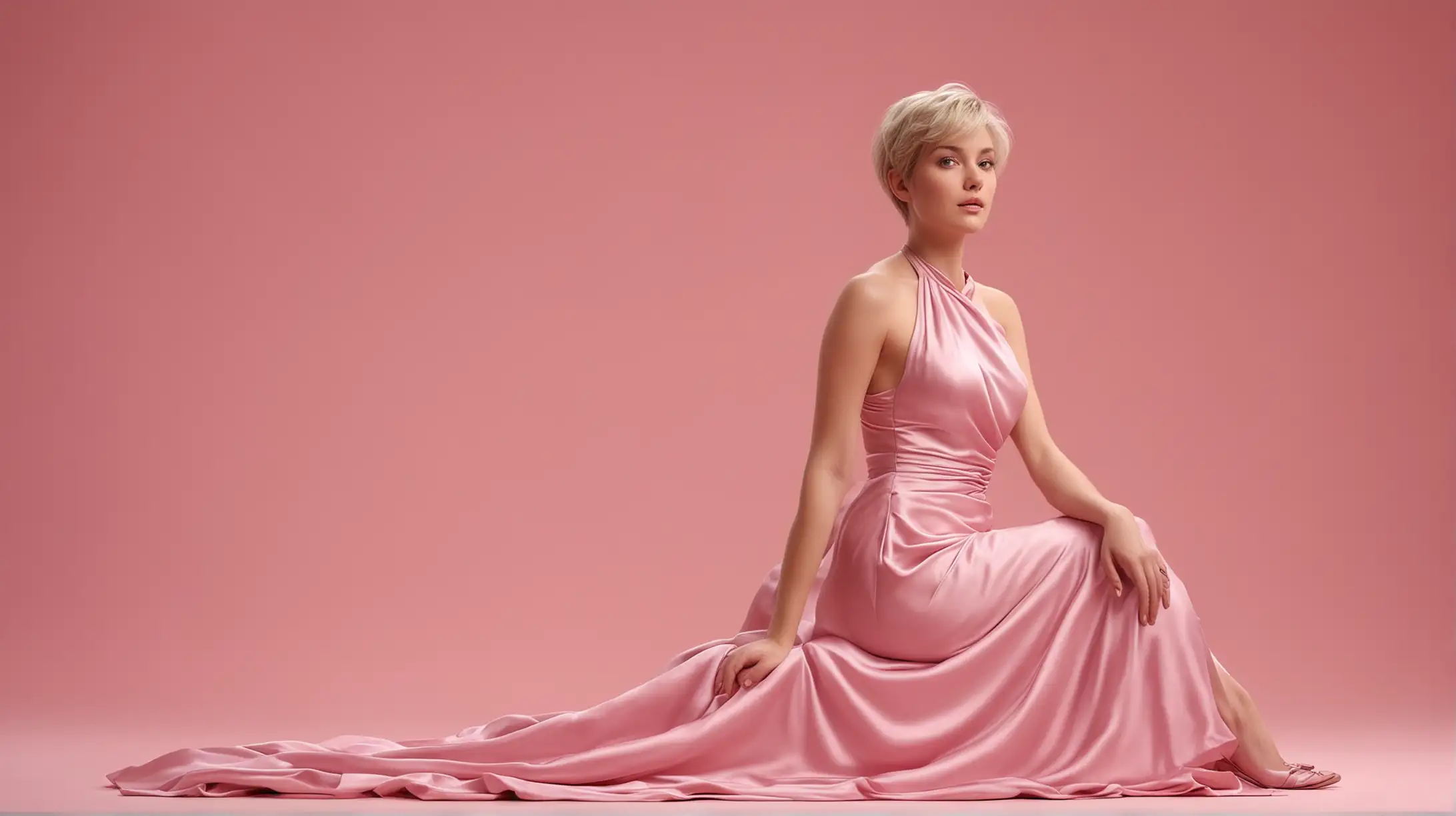 Blonde Woman in Pink Silk Dress Sitting in Studio Setting