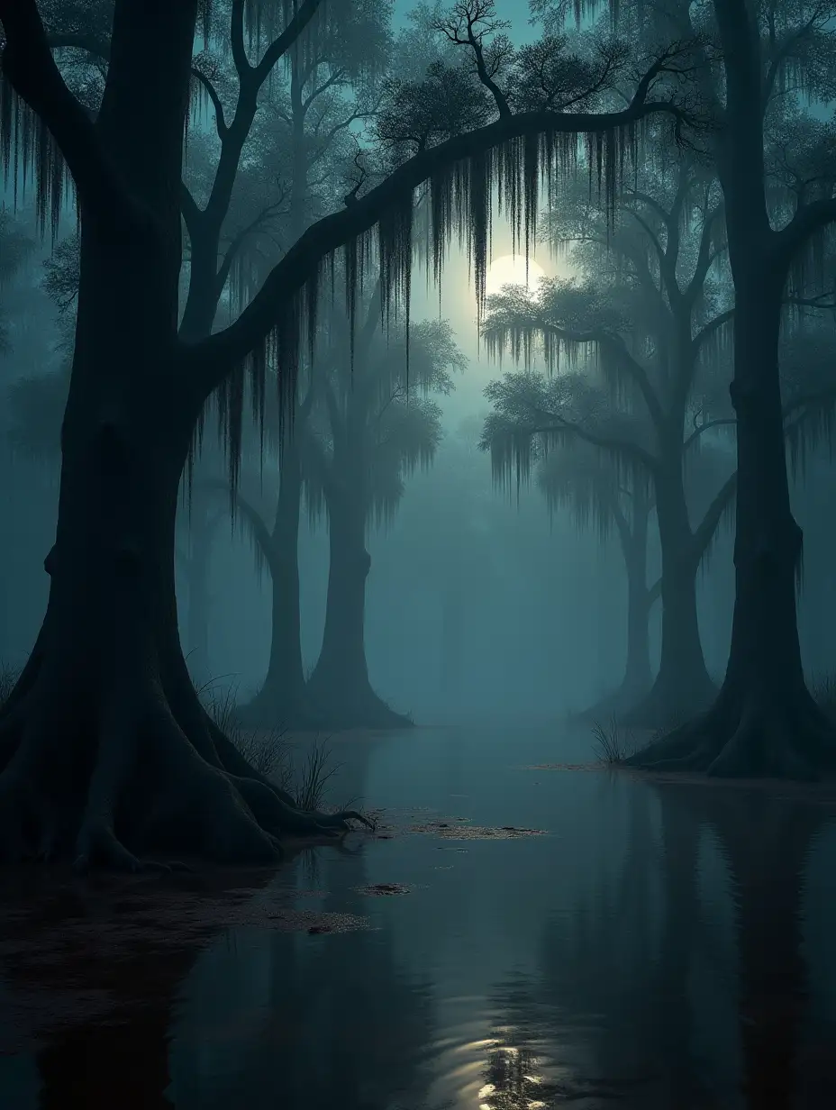 A highly realistic nighttime landscape that captures a creepy and atmospheric swamp. A dense and ethereal fog extends at low altitude over still and muddy waters of brown-reddish color, tainted by dense blooms of algae. The imposing swamp cypresses dominate the scene, with their gnarled and reinforced bases submerged in the water. Spanish moss hangs heavily from the branches like mysterious shrouds. The eerie light of the moon weakly filters through the thick fog and dense canopy, creating deep shadows and highlighting intricate high-resolution textures on the wet bark. The still water surface reflects the distorted shapes of the trees and hanging moss. Focus on hyperrealism, ultra-detailed textures, cinematic lighting, and an eerie atmosphere. Wide angle view. 8K resolution.