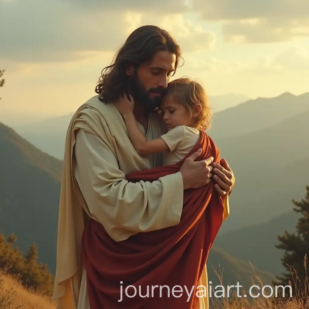 Jesus-Carrying-a-Girl-Up-the-Mountain-in-a-Moment-of-Tender-Love-and-Grief