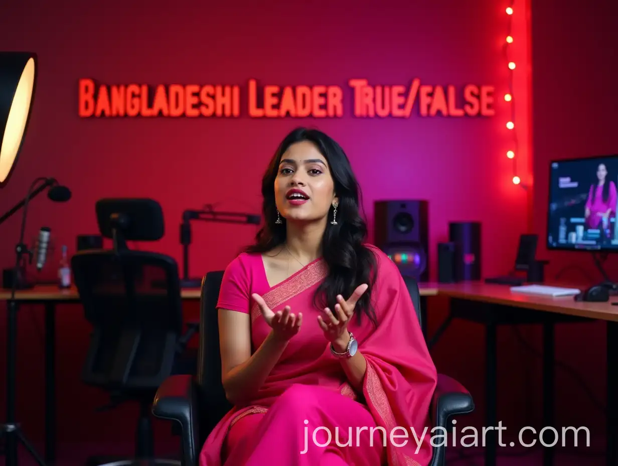 Confident-Young-Indian-Woman-in-Pink-Sari-Explaining-in-YouTube-Studio