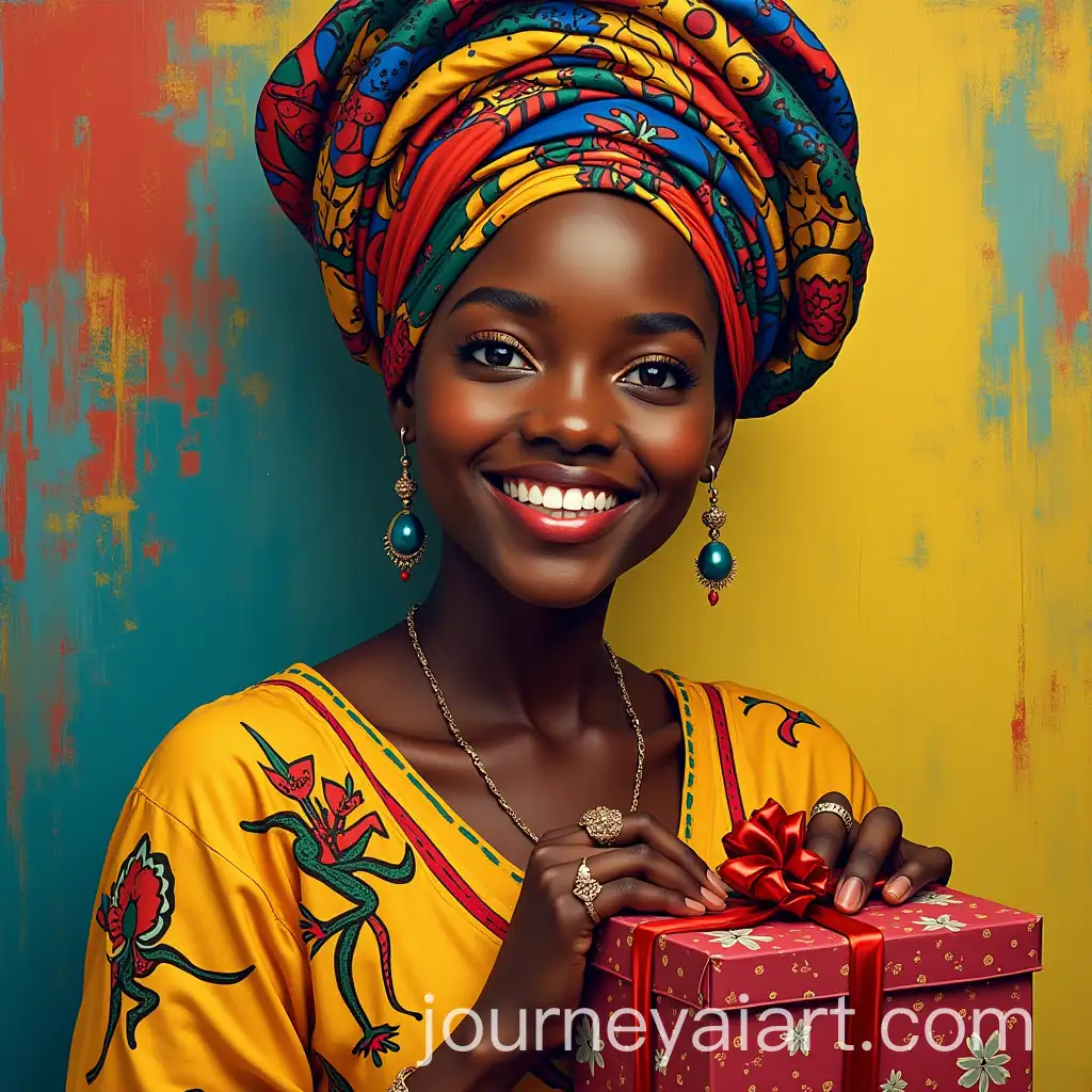 Smiling-African-Woman-with-Colorful-Head-Wrap-Holding-Christmas-Gift-in-Matisse-Inspired-Style