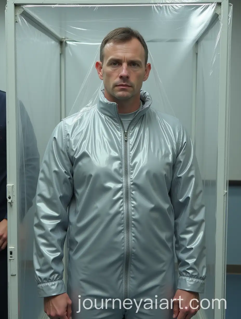 Young-Man-in-Silver-Uniform-Inside-Clear-Protective-Plastic-Enclosure