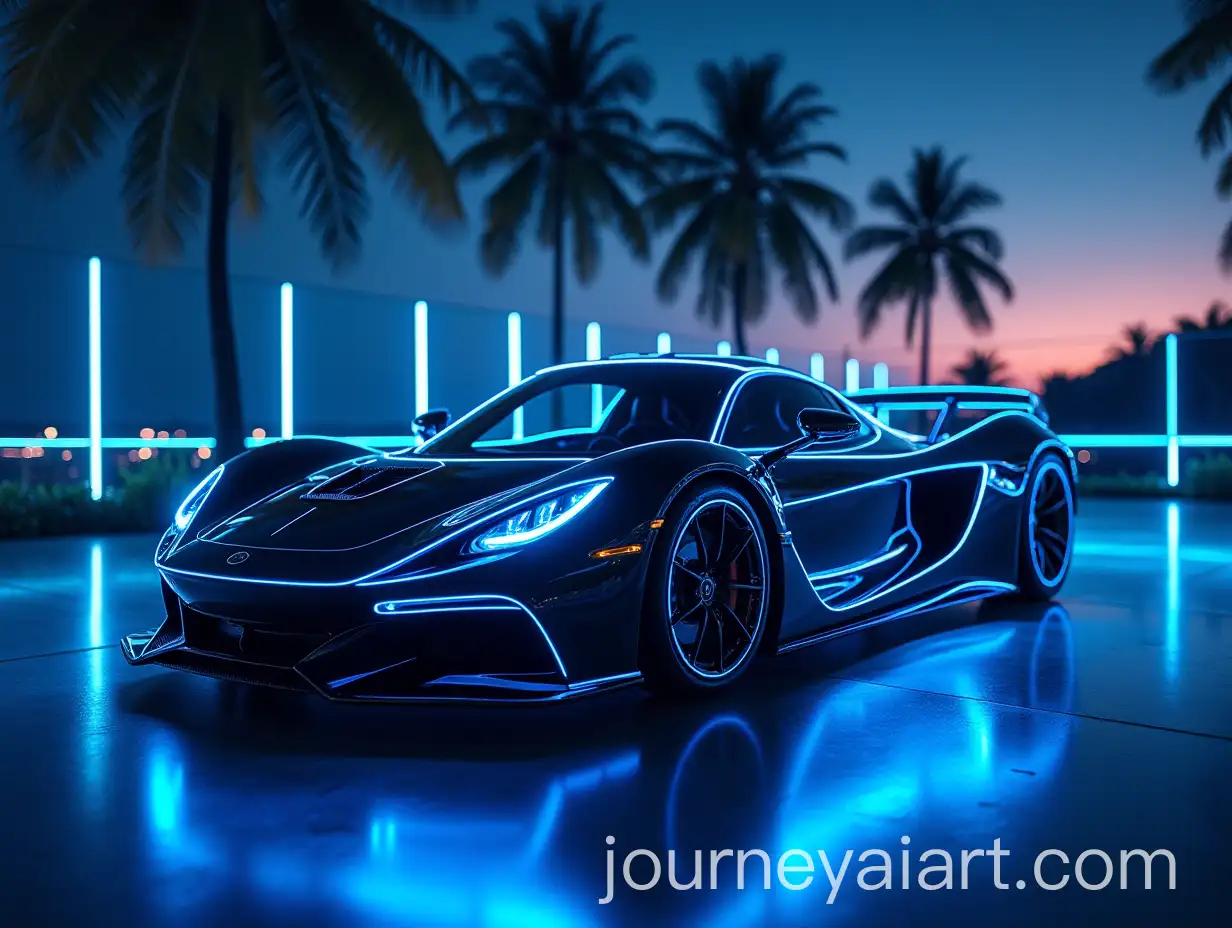 Futuristic-Modern-Supercar-with-Blue-Glowing-Lights-and-Neon-Rays-in-Tropical-Setting