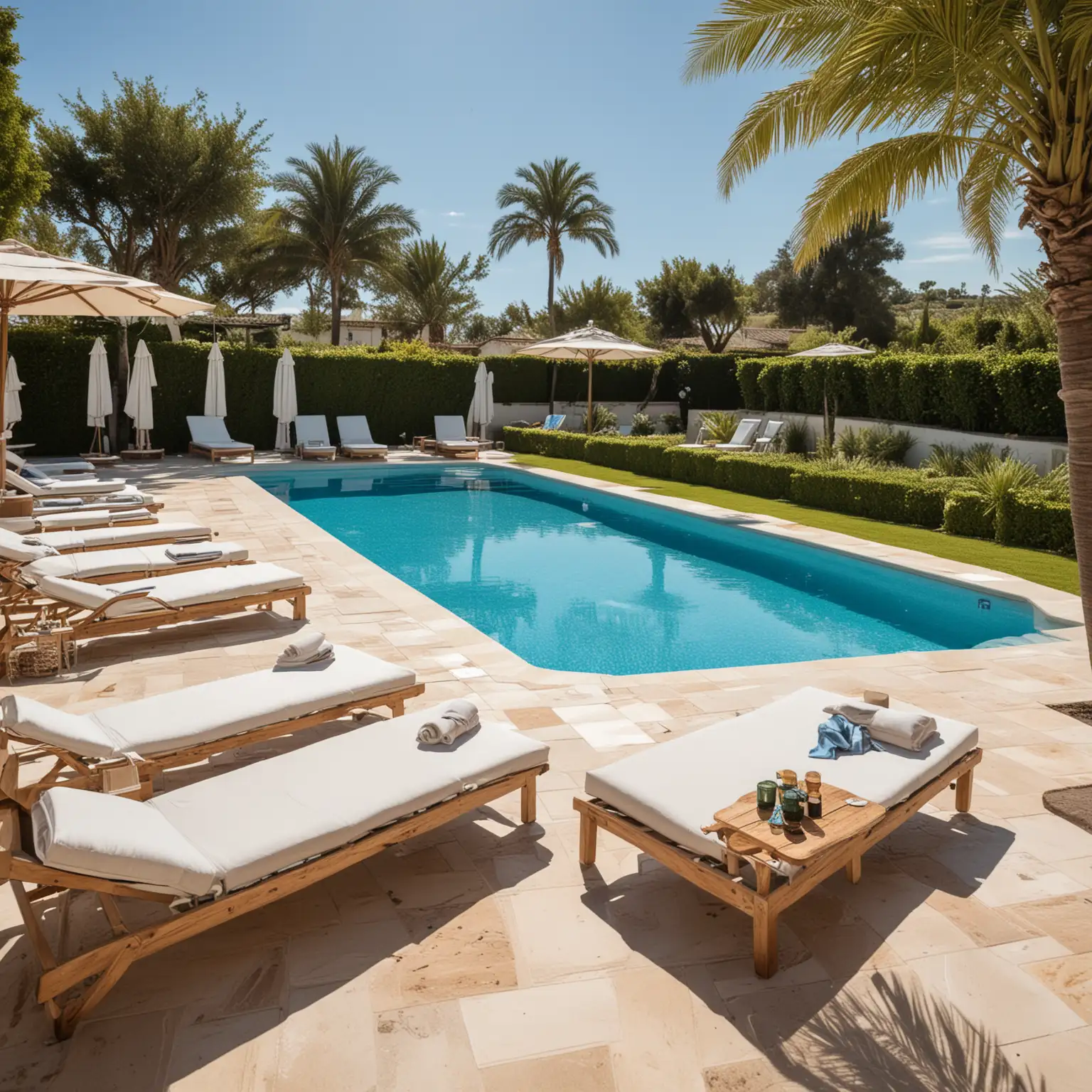 A luxury swimming pool in the sun with many sun loungers at the sides
