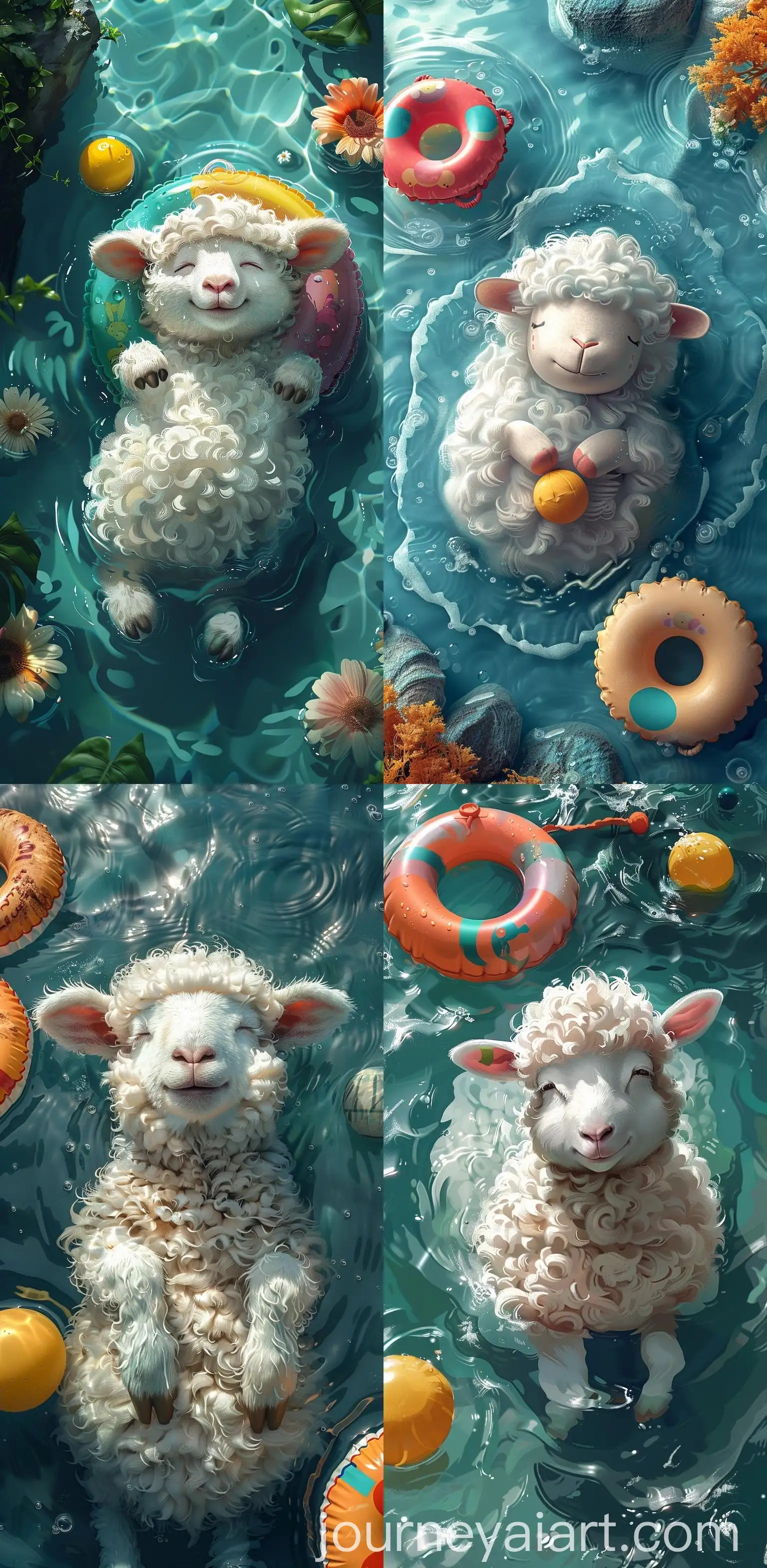 Cute-White-Sheep-Relaxing-in-Pool-with-Floaties-and-Ball