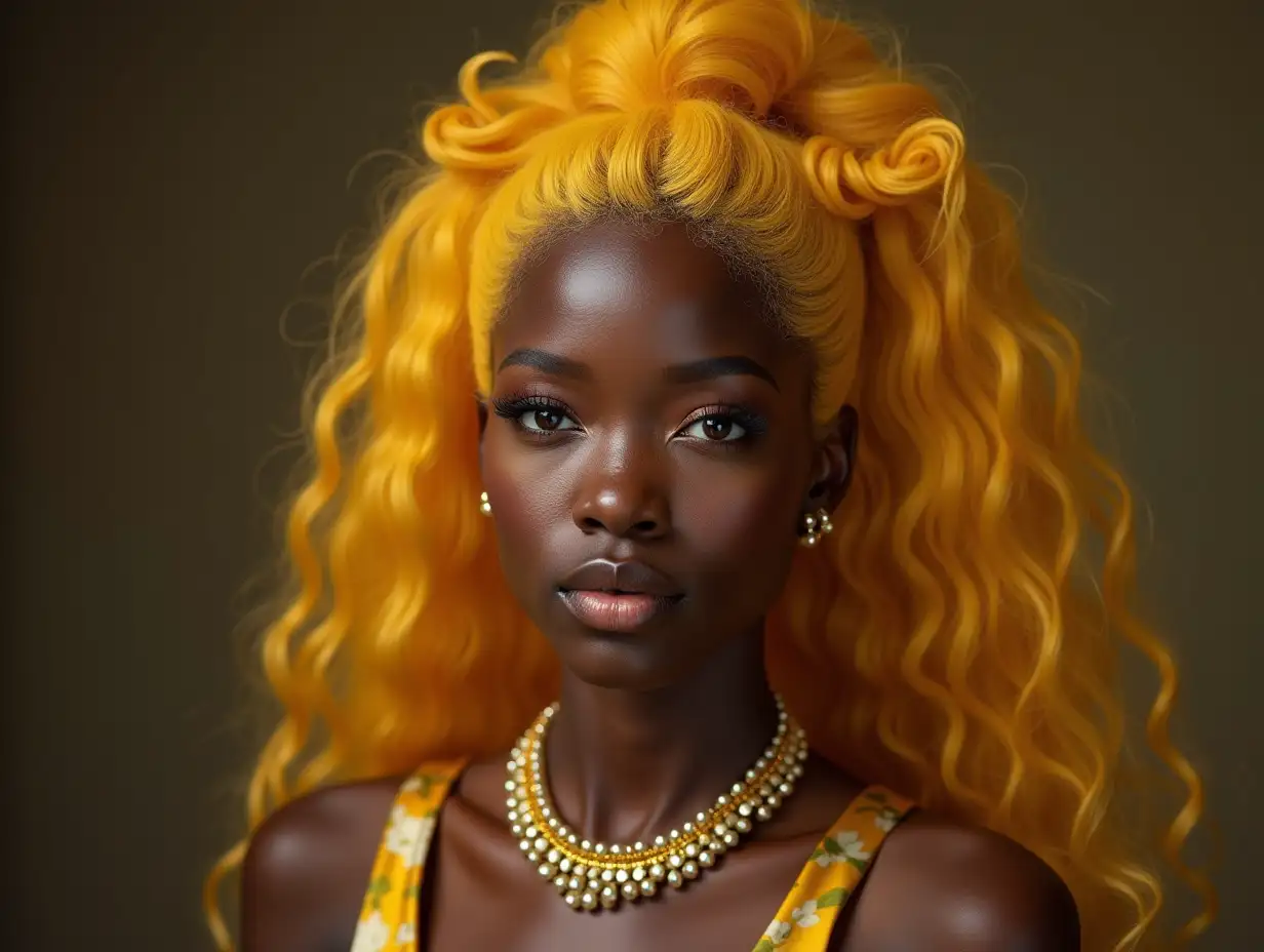 mythological black Asian princess with yellow hair in a mini skirt and pepperoni necklace for a ball portrait