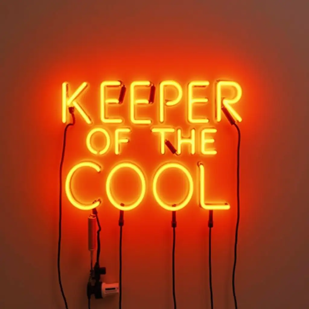Create an orange neon light with the words 'KEEPER OF THE COOL' In a retro 1970's font. It is on a neutral background. All the fixtures and electrical connections to the neon glass tubes are visible.