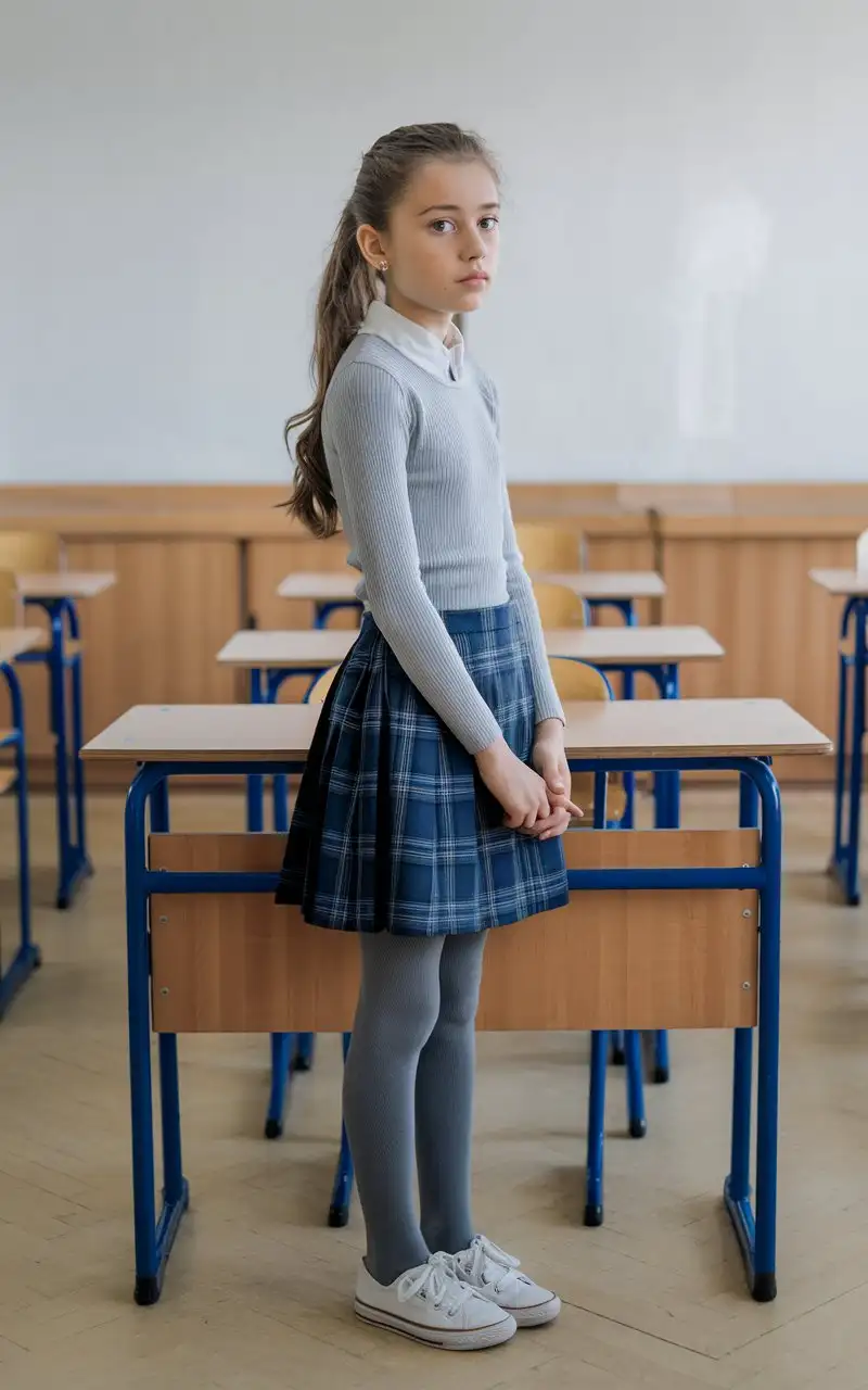 Teenage-Girl-in-Classroom-with-Blue-Desk-and-Wooden-Floor