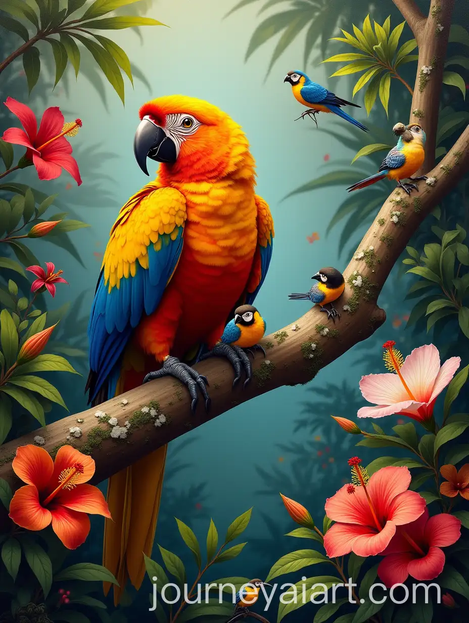 Colorful-Tropical-Bird-Perched-on-Tree-in-Lush-Rainforest