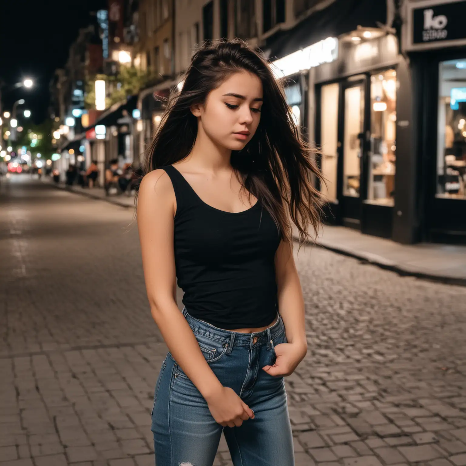 Let the girl look sad and wear a black sleeveless T-shirt and jeans. His hair is black. TikToker girl in the city centre. Night.
Her hair is flying in the wind.