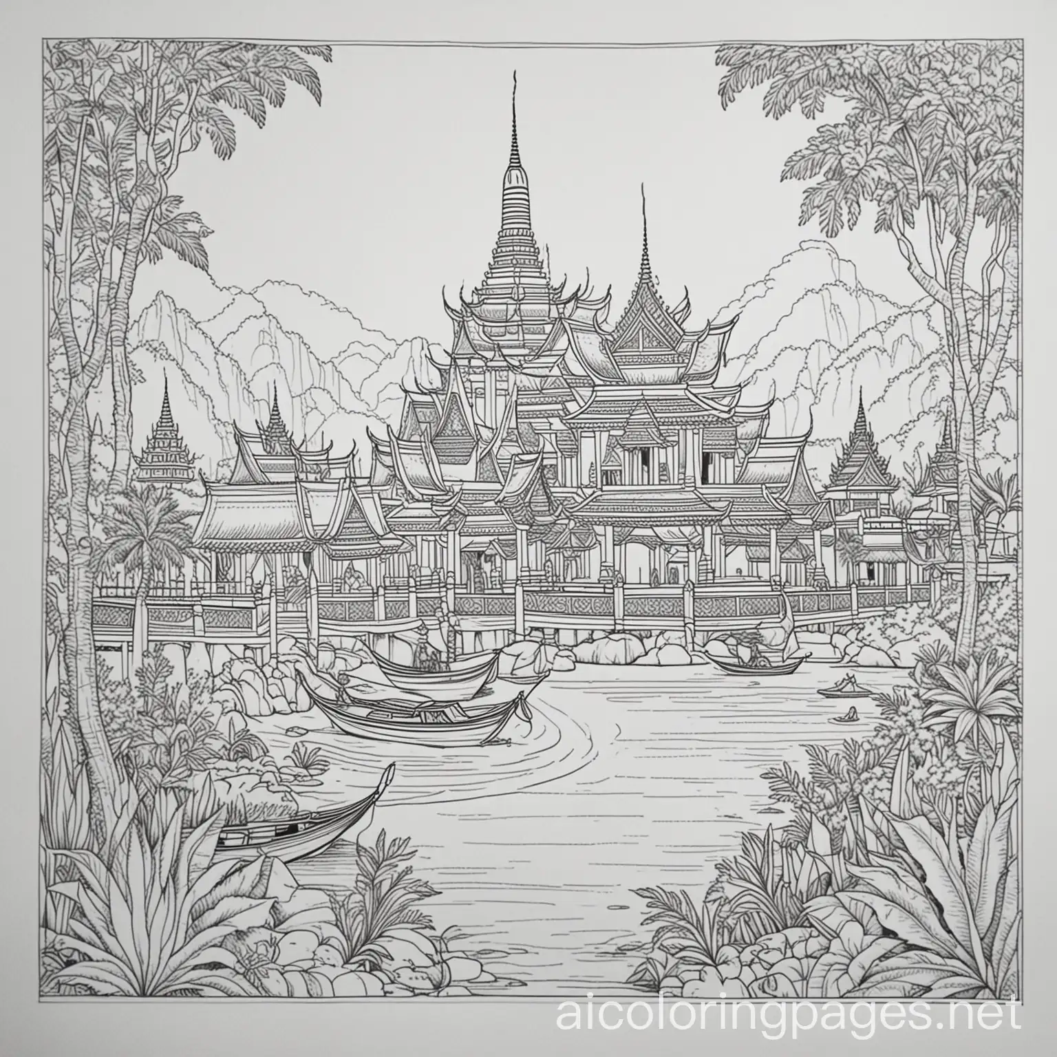 Thailand, Coloring Page, black and white, line art, white background, Simplicity, Ample White Space. The background of the coloring page is plain white to make it easy for young children to color within the lines. The outlines of all the subjects are easy to distinguish, making it simple for kids to color without too much difficulty