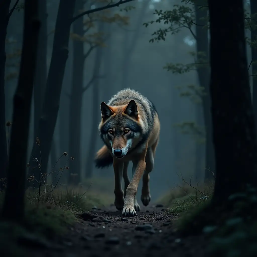 a wolf runs through a dark forest. Side view. In the style of realism