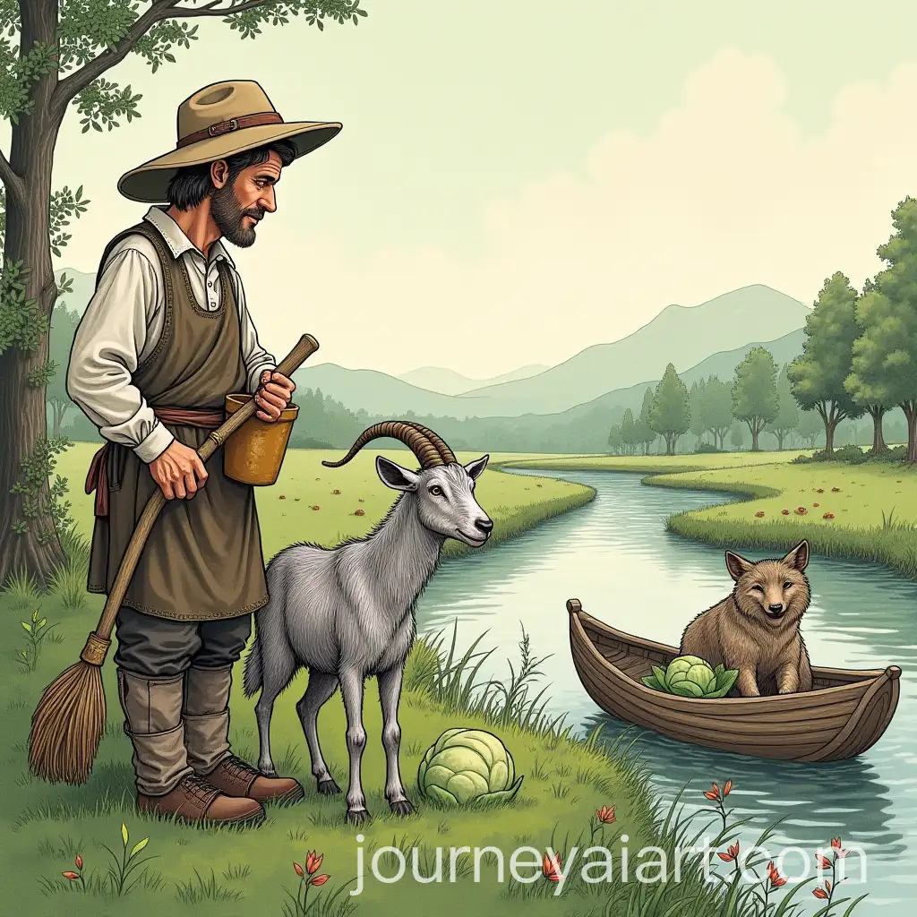 Farmer-with-Goat-Wolf-and-Cabbage-by-a-River-with-Oar-Boat