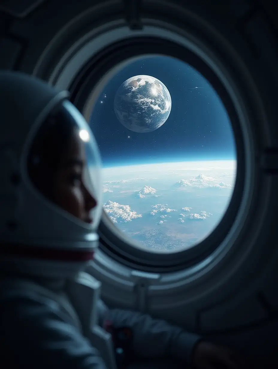 I want a photo of an astronaut without a helmet looking at the earth through a spaceship window shortly after takeoff, with the earth visible in the background surrounded by space and the astronaut facing away in the foreground but blurred.